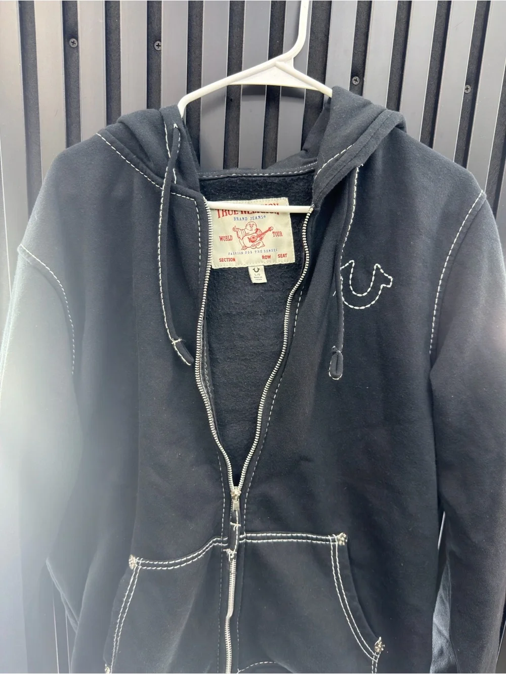 True Religion Black Full-Zip Hooded Sweatshirt with Contrast Stitching